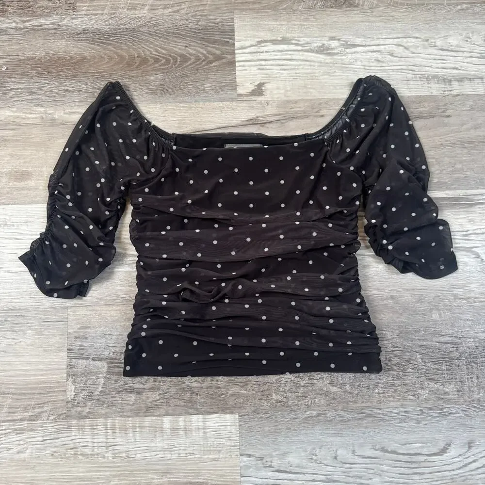 Anthropologie Black Polka Dot Mesh Ruched Puff Sleeve Coquette Top XS